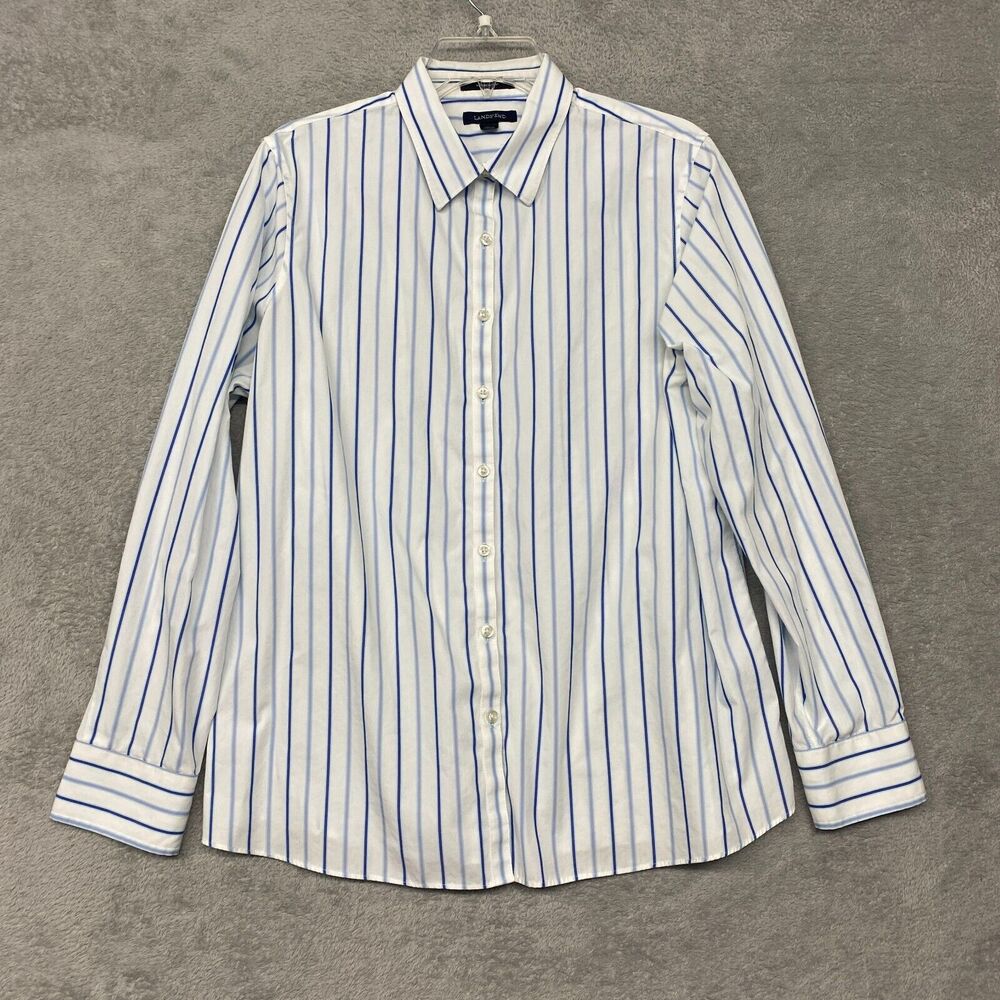 Lands End Top Womens 16 Blue White Stripe Button Up Long Sleeve No Iron Supima